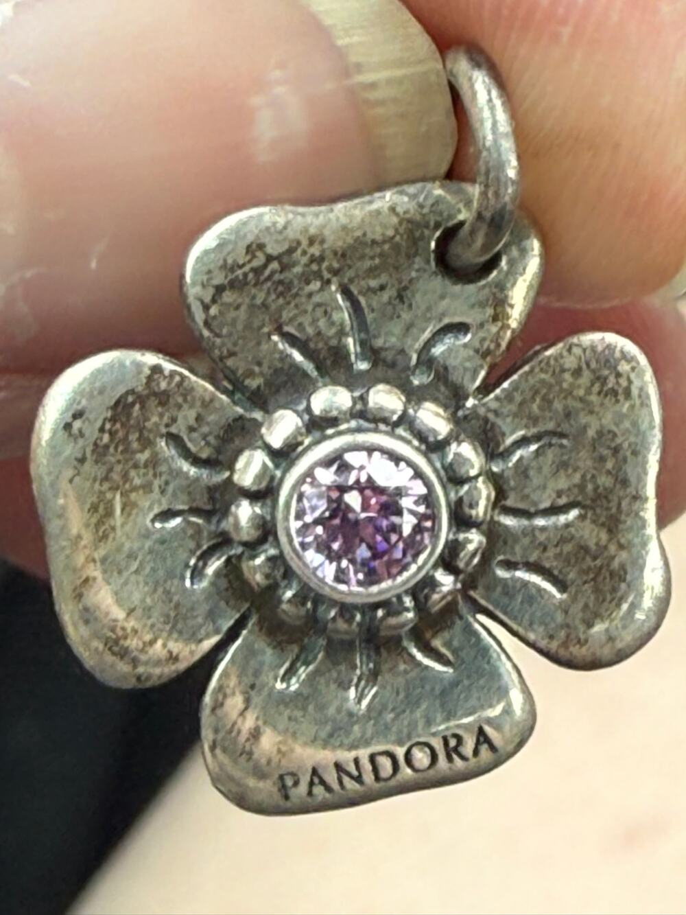 Authentic Pandora Sterling Silver Purple CZ Flower Dangle Charm (retired)